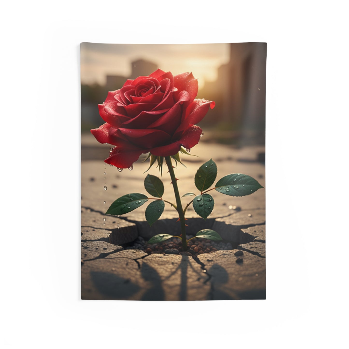 Rose Bloom Wall Tapestry — Red Rose Growing Through Concrete, Inspirational Botanical Decor