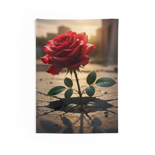 Rose Bloom Wall Tapestry — Red Rose Growing Through Concrete, Inspirational Botanical Decor